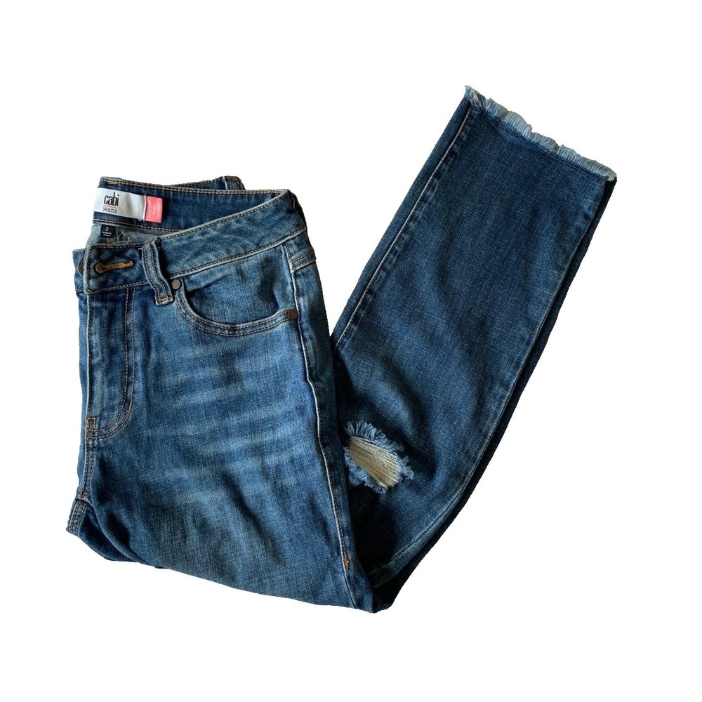 Cabi Cropped High Straight Jeans Medium Wash Distressed Frayed Hem Size 2